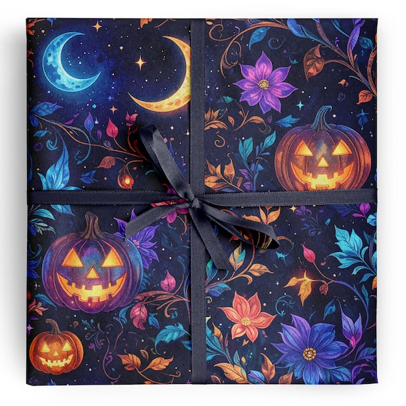 Halloween Wrapping Paper Pumpkin Gift Wrap Moody Fall Gift Wrap Celestial Moon Floral Jack O Lantern Paper Roll