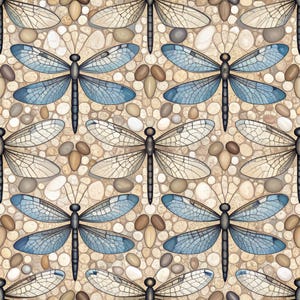 May include: A seamless pattern featuring dragonflies and pebbles. The dragonflies have blue and white wings and black bodies. The pebbles are in shades of brown, beige, and white, creating a natural, textured background.