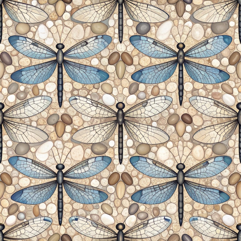 May include: A seamless pattern featuring dragonflies and pebbles. The dragonflies have blue and white wings and black bodies. The pebbles are in shades of brown, beige, and white, creating a natural, textured background.
