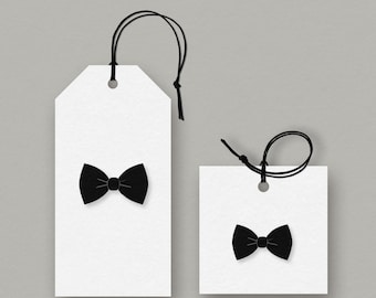 Etiquetas para regalos y recuerdos de boda con pajarita negra (Descargar PDF)