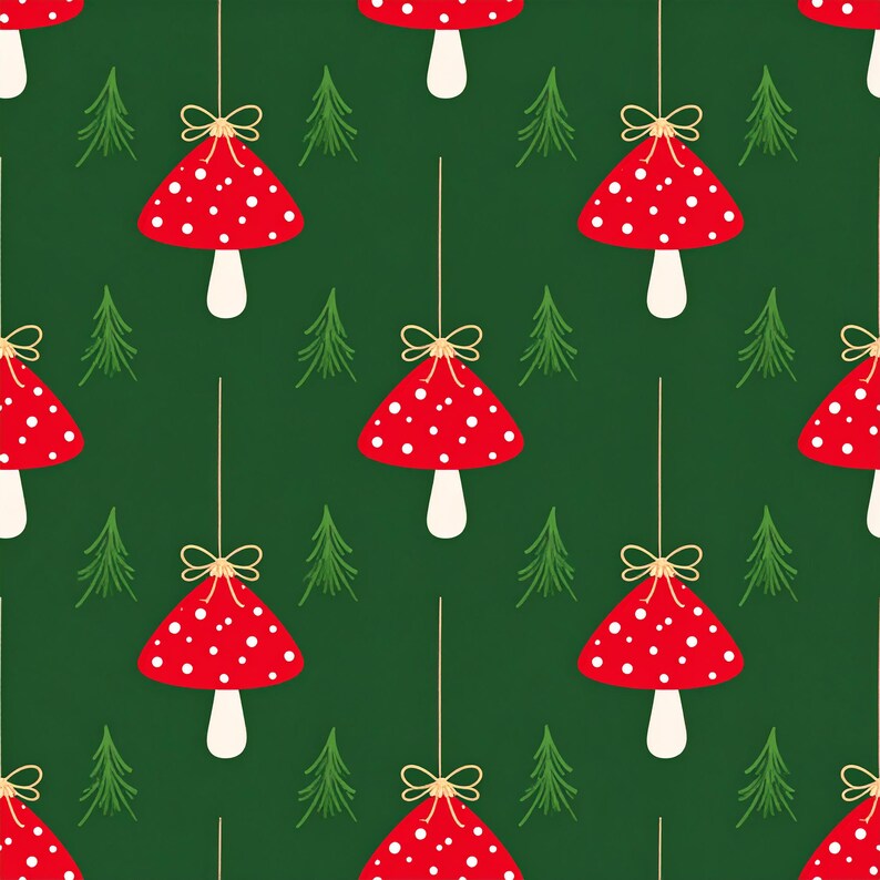 May include: Seamless pattern featuring red mushroom ornaments with white polka dots, suspended by thin strings and tied with gold bows. The background is a dark green with small green Christmas tree illustrations.