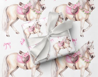 Pink Floral Horse Wrapping Paper, White Pony Rose Watercolor Gift Wrap, Equestrian Birthday Wrap, Coquette Bow Horse Wrapping Sheet