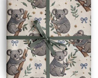 Cadeaupapier met koala-motief, geborduurd met eucalyptus, perfect als inpakpapier voor koala-liefhebbers, fans van Australische wilde dieren en voor verjaardagen.