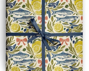 Inpakpapier met mediterrane vismotieven, perfect als kust-foodie cadeauverpakking voor gastvrouwen, liefhebbers van zeevruchten en in Italiaanse zomerstijl.