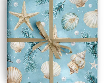 Coastal Christmas Wrapping Paper Sea Shell Beach House Holiday Gift Wrap Teal Present