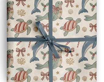 Kerstcadeaupapier met oceaanmotief, dolfijnen, zeehonden en schildpadden, ideaal als kustcadeau voor de feestdagen, voor liefhebbers van het zeeleven en strandliefhebbers.