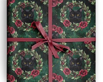 Gothmas Black Cat Rose Wreath Wrapping Paper Dark Academia Christmas Gothic Romantic Celebration