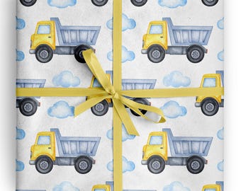 Dump Truck Wrapping Paper, Boys Birthday Gift Wrap, Watercolor Construction Party Paper, Toddler Boy Present Wrap, Baby Shower Roll