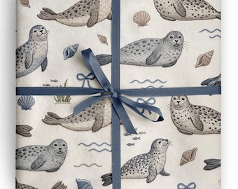 Inpakpapier met zeehondenmotief, geborduurd met oceaandieren, ideaal als cadeaupapier voor zeehondenliefhebbers, verjaardagen aan de kust en fans van het leven in de zee.