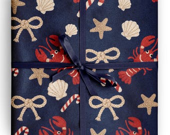 Kerstcadeaupapier met kreeftmotief, kustthema, ideaal als cadeauverpakking voor strandliefhebbers, gastgeschenken en nautische kerstcadeaus.