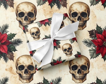 Gothmas Skull and Poinsettia Wrapping Paper Gothic Christmas Gift Wrap