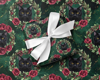 Gothmas Black Cat Rose Wreath Wrapping Paper Dark Academia Christmas Gothic Romantic Celebration