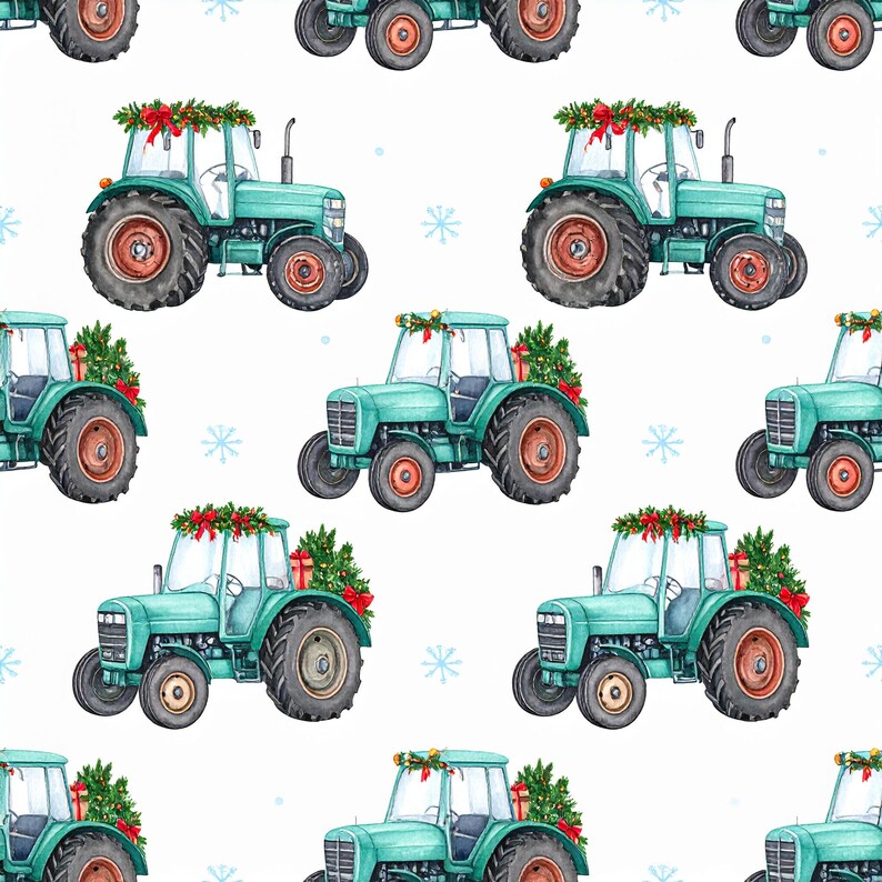 May include: Watercolor pattern featuring teal tractors decorated with Christmas wreaths, red bows, and small Christmas trees. The tractors have brown wheels and are set against a white background with light blue snowflakes.