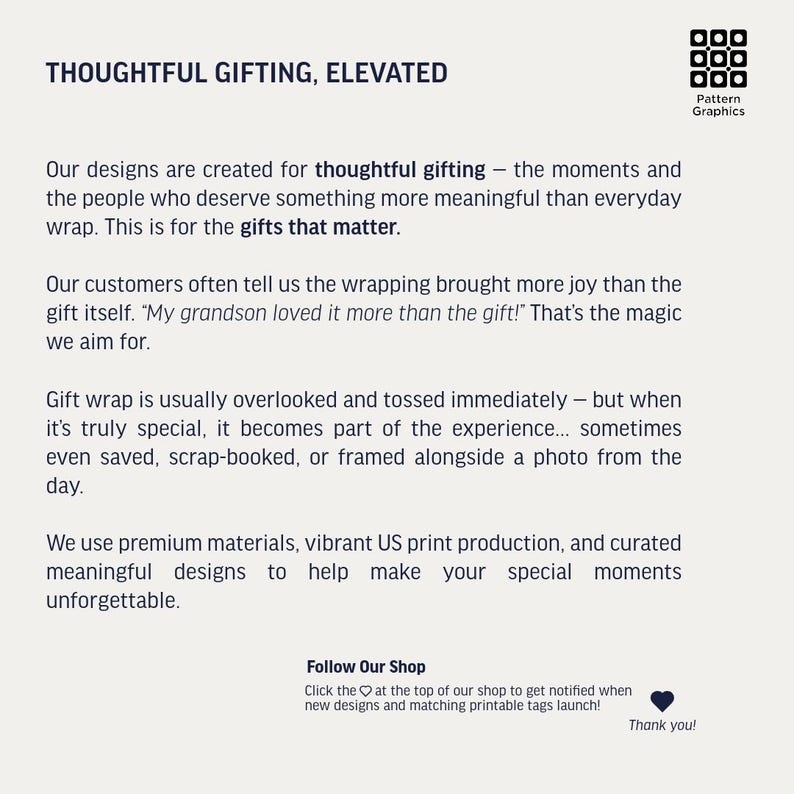 May include: Cream-colored graphic with the text "THOUGHTFUL GIFTING, ELEVATED." The text describes the shop's focus on creating meaningful gifts and using premium materials. A logo is in the upper right corner.