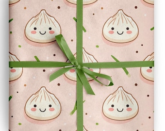Cute Dumpling Wrapping Paper, Kawaii Dim Sum Gift Wrap, Funny Food Lover Birthday Wrap, Asian Aesthetic Pink Wrap Sheet, Bao Bun Wrap