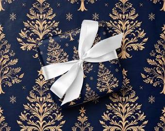 Elegant Navy and Gold Baroque Christmas Tree Wrapping Paper