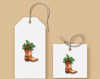 Etiquetas de regalo y recuerdo navideños para botas vaqueras rústicas de vaquero