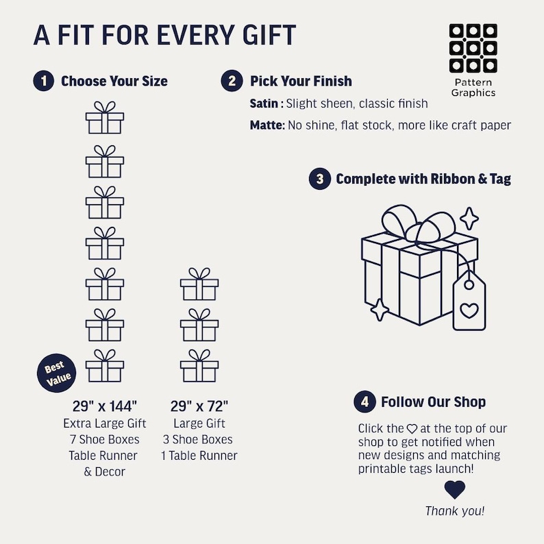 May include: An informational graphic with the text "A Fit For Every Gift." It shows gift box illustrations, size options of 29" x 144" and 29" x 72", and finish options like satin and matte. It also includes instructions for completing the gift with a ribbon and tag.