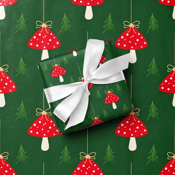 Mushroom Wrapping Paper Woodland Ornament Gift Wrap Green