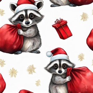 Funny Raccoon Christmas Wrapping Paper Cute Santa Hat Gift Wrap Kids Stocking image 2