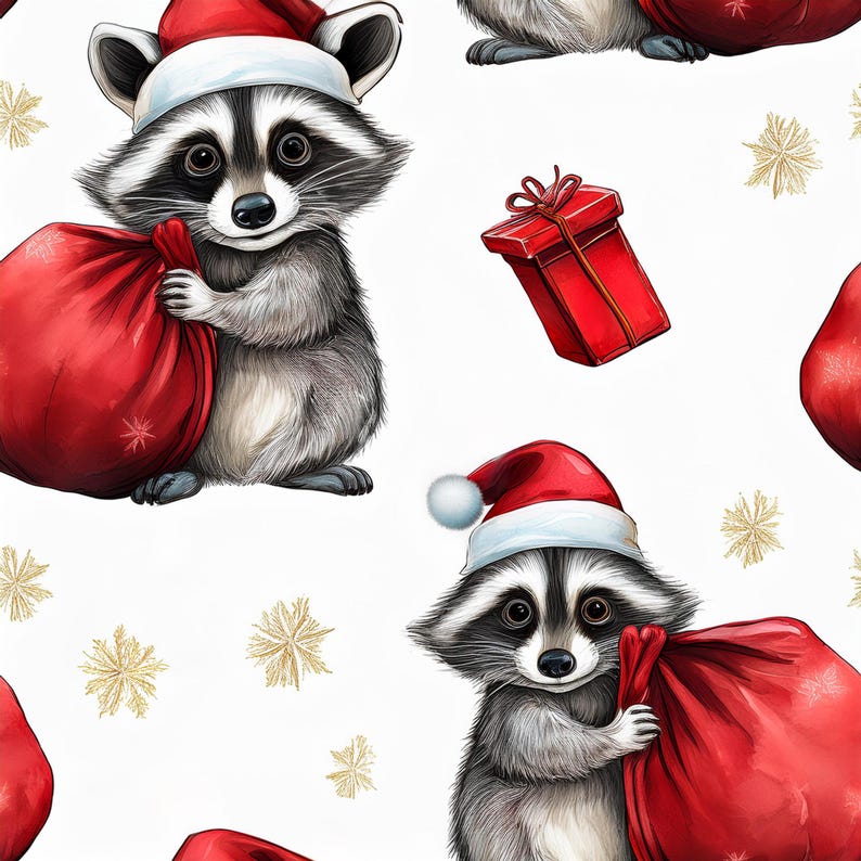 Funny Raccoon Christmas Wrapping Paper Cute Santa Hat Gift Wrap Kids Stocking image 2