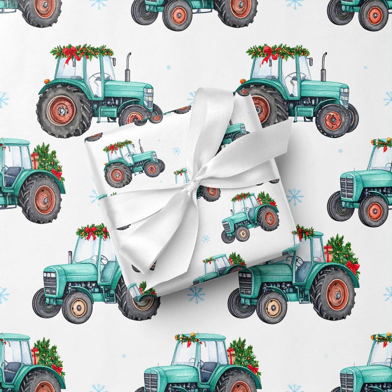 May include: White wrapping paper with a pattern of teal tractors decorated with Christmas wreaths and small trees. A wrapped gift with a white ribbon is in the center of the image.