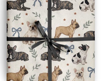 Cadeaupapier met borduurwerk voor Franse bulldogs, perfect als inpakpapier voor hondenliefhebbers, baasjes en voor verjaardagen.