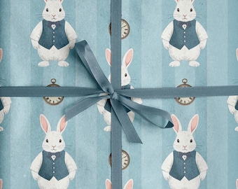 White Rabbit Wrapping Paper, Alice In Wonderland Gift Wrap, Whimsical Bunny Wrapping Paper, Storybook Blue Rabbit Gift Wrap Sheet