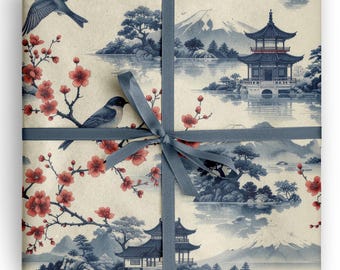 Chinoiserie Garden Wrapping Paper Elegant Asian Inspired Scenic Gift Wrap