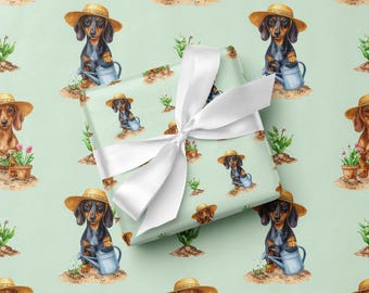 Papel de regalo con diseño de perro salchicha para amantes de la jardinería y los perros. Regalo ideal para la primavera.