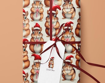 Christmas Squirrel Wrapping Paper Candy Cane Gift Wrap Woodland
