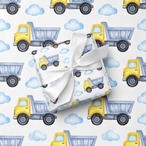 Dump Truck Wrapping Paper, Boys Birthday Gift Wrap, Watercolor Construction Party Paper, Toddler Boy Present Wrap, Baby Shower Roll image 1