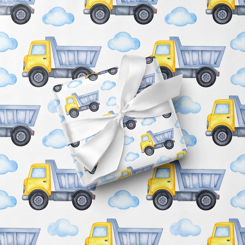 Dump Truck Wrapping Paper, Boys Birthday Gift Wrap, Watercolor Construction Party Paper, Toddler Boy Present Wrap, Baby Shower Roll image 1
