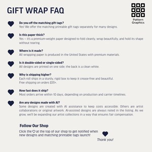 May include: A white informational graphic titled GIFT WRAP FAQ with a Pattern Graphics logo. It features dark blue heart icons next to questions about gift tags, paper thickness, origin, print sides, shipping, and AI usage, ending with a shop follow prompt.
