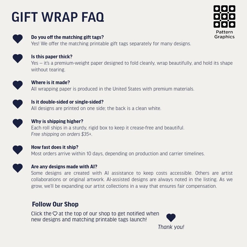 May include: A white informational graphic titled GIFT WRAP FAQ with a Pattern Graphics logo. It features dark blue heart icons next to questions about gift tags, paper thickness, origin, print sides, shipping, and AI usage, ending with a shop follow prompt.
