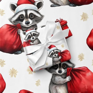 Funny Raccoon Christmas Wrapping Paper Cute Santa Hat Gift Wrap Kids Stocking image 1