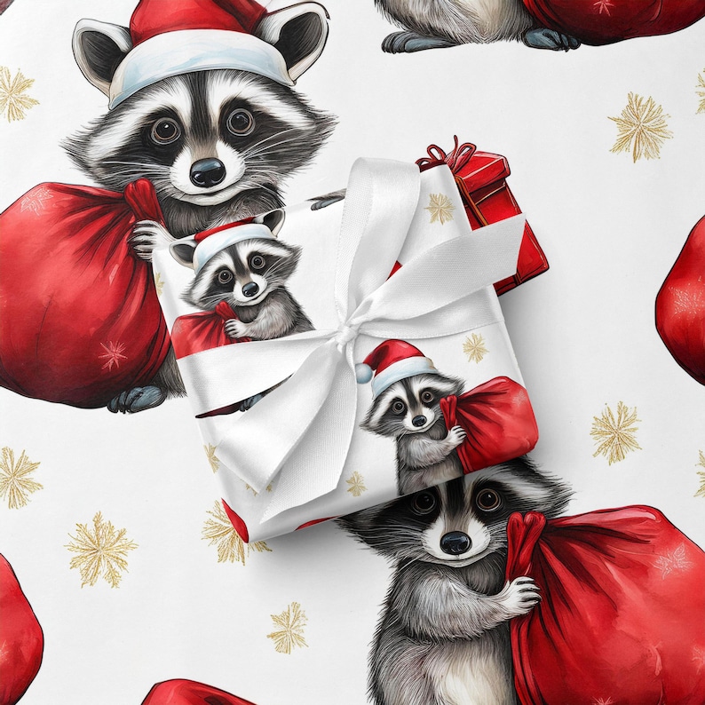 Funny Raccoon Christmas Wrapping Paper Cute Santa Hat Gift Wrap Kids Stocking image 1