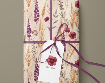 Wildflower Wrapping Paper, Watercolor Floral Gift Wrap, Burgundy Purple Botanical Paper, Autumn Gift Wrapping, Fall Harvest Present Wrap
