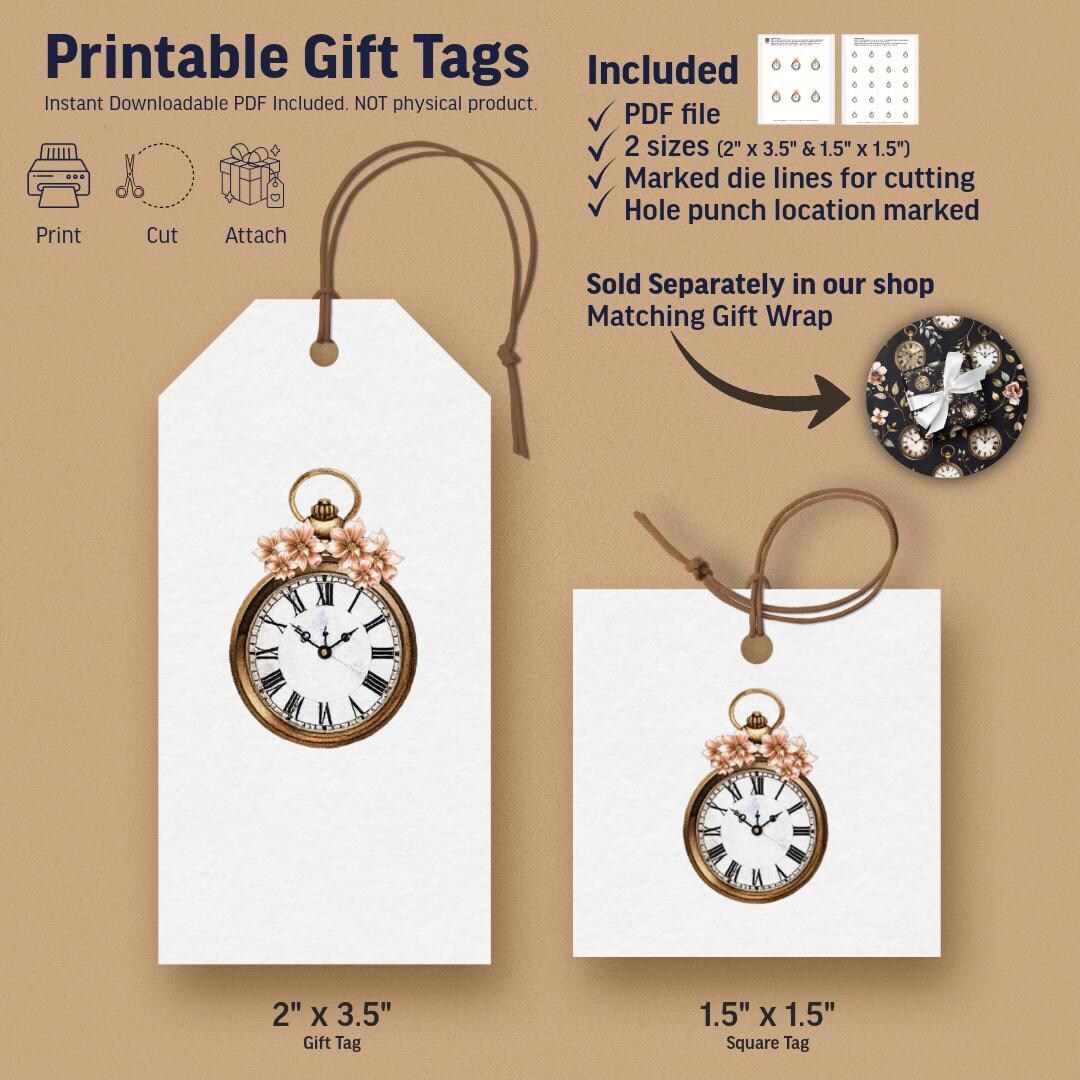 Floral Clock Printable Gift Tags With Flowers for Retirement Gifts and ...
