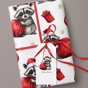 Funny Raccoon Christmas Wrapping Paper Cute Santa Hat Gift Wrap Kids Stocking image 3