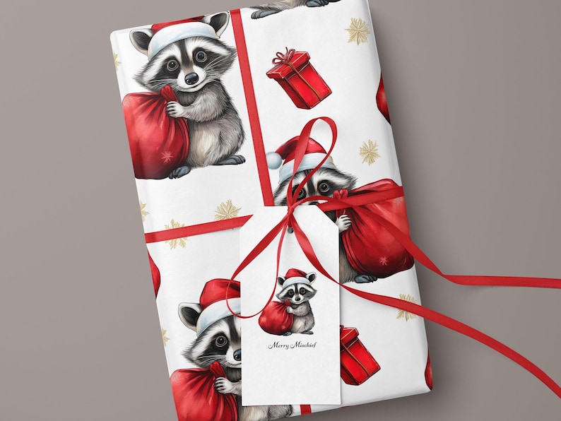 Funny Raccoon Christmas Wrapping Paper Cute Santa Hat Gift Wrap Kids Stocking image 3