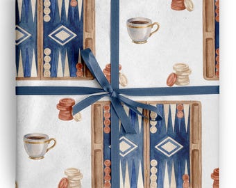 Backgammon Wrapping Paper Game Night Gift Wrap Watercolor Board Game Coffee Lover Father's Day Gift