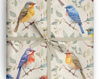 Songbird Wrapping Paper, Watercolor Bird Gift Wrap, Woodland Nature Wrapping Paper, Bird Lover Gift Wrap, Colorful Bluebird Botanical Wrap