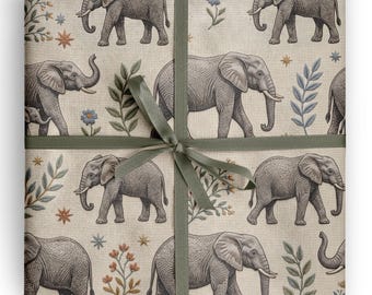 Cadeaupapier met olifantenmotief, geborduurd met dierenmotieven, perfect als inpakpapier voor olifantenliefhebbers, safari-verjaardagen en natuurliefhebbers.