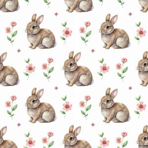 May include: A repeating pattern of brown bunnies, pink flowers, and green leaves on a white background. The bunnies are in a sitting position, and the flowers have small pink petals. This design is suitable for Easter or spring-themed products.