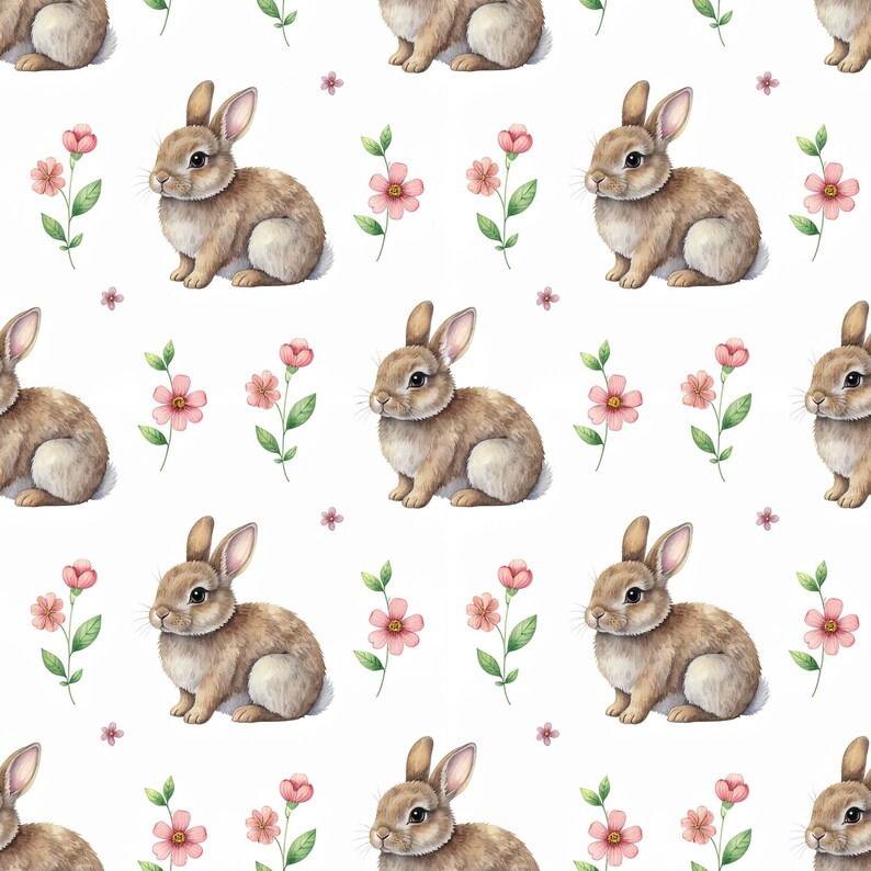 May include: A repeating pattern of brown bunnies, pink flowers, and green leaves on a white background. The bunnies are in a sitting position, and the flowers have small pink petals. This design is suitable for Easter or spring-themed products.