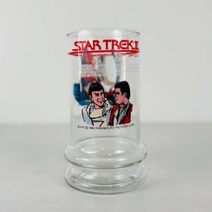 Vintage Star Trek Movie Glass Tumbler, Fal-Tor-Pan Edition with Captain Kirk and Spock, 1980s Fast Food Taco Bell 6&quot; Collectible Glass