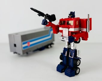 Vintage 1984 Original Transformers G1 Optimus Prime Toy with with Convoy Trailer, 1980s Hasbro Takara Action Figure Set
