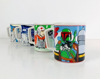 1980 Sigma Star Wars Empire Strikes Back Movie Ceramic Coffee Mugs Set of 4, Boba Fett, Darth Vader, R2-D2, Yoda, Luke Skywalker