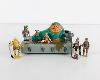 Miniature Star Wars Jabba The Hutt Playset with Slave Princess Leia, 1990s Galoob Micro Machines Series Toy with 5 Figurines